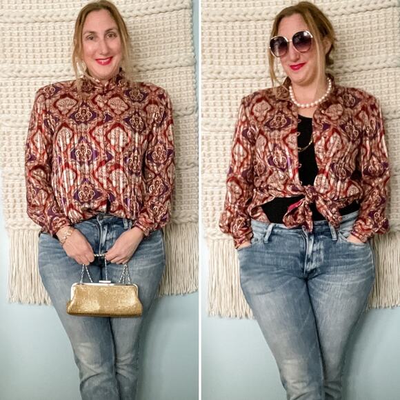 Vintage crinkle pleated collarless metallic medallion print blouse size LP - Picture 7 of 8